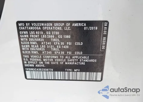 2019 Volkswagen Atlas 3.6L V6 Se W/Technology z USA, uszkodzony, nr VIN 1V2UR2CAXKC539779